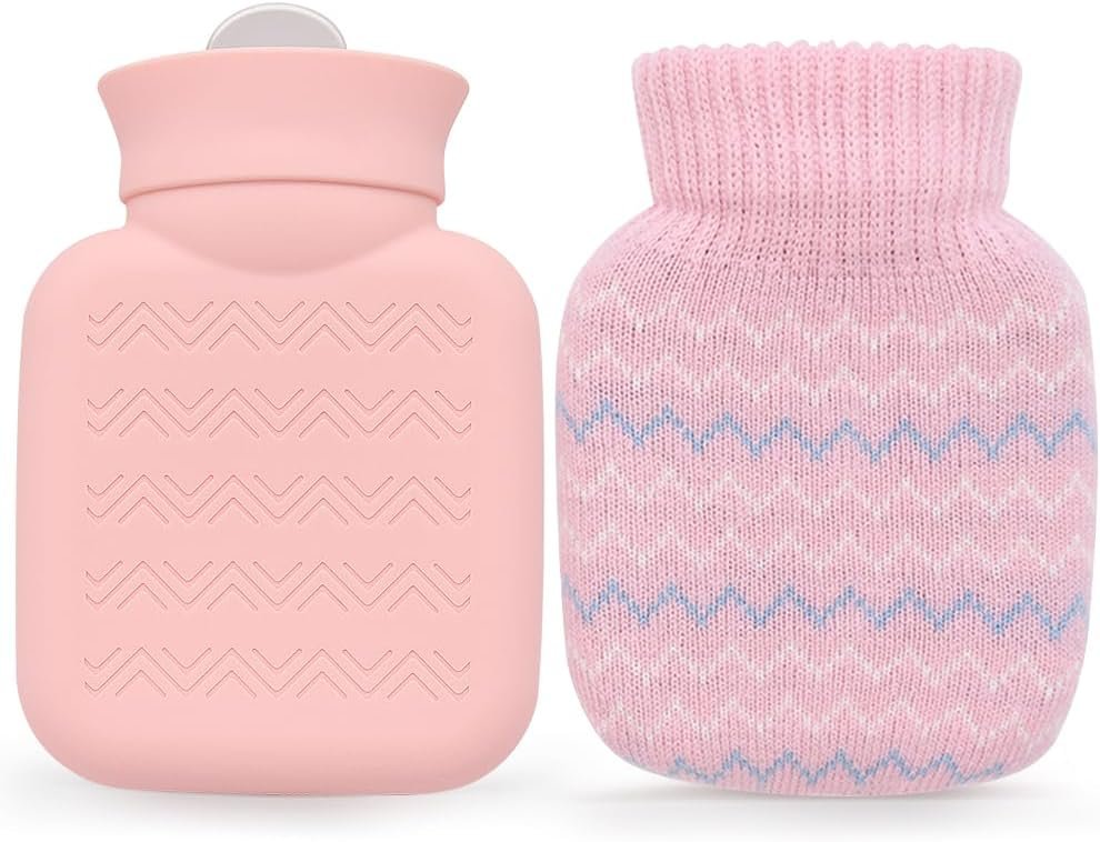 320ml Hot Water Bottle with Knited Cover, Mini Hot Water Bag for Pain Relief, Waist, Back, Neck, Shoulders, Small Leak Proof Hot Water Bottle with Removable Cover for Women, Kids, Best Gifts
