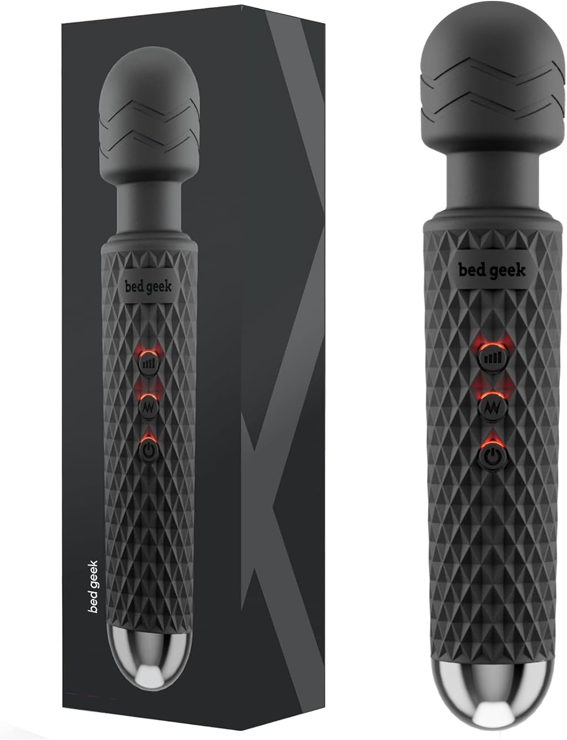 bed geek Handheld Cordless Personal Wand Massager – Waterproof, USB Rechargeable, 20 Vibration Patterns, 8 Speeds, Memory Feature, Skin-Soft Silicone for Ultimate Relaxation Tool (Black)