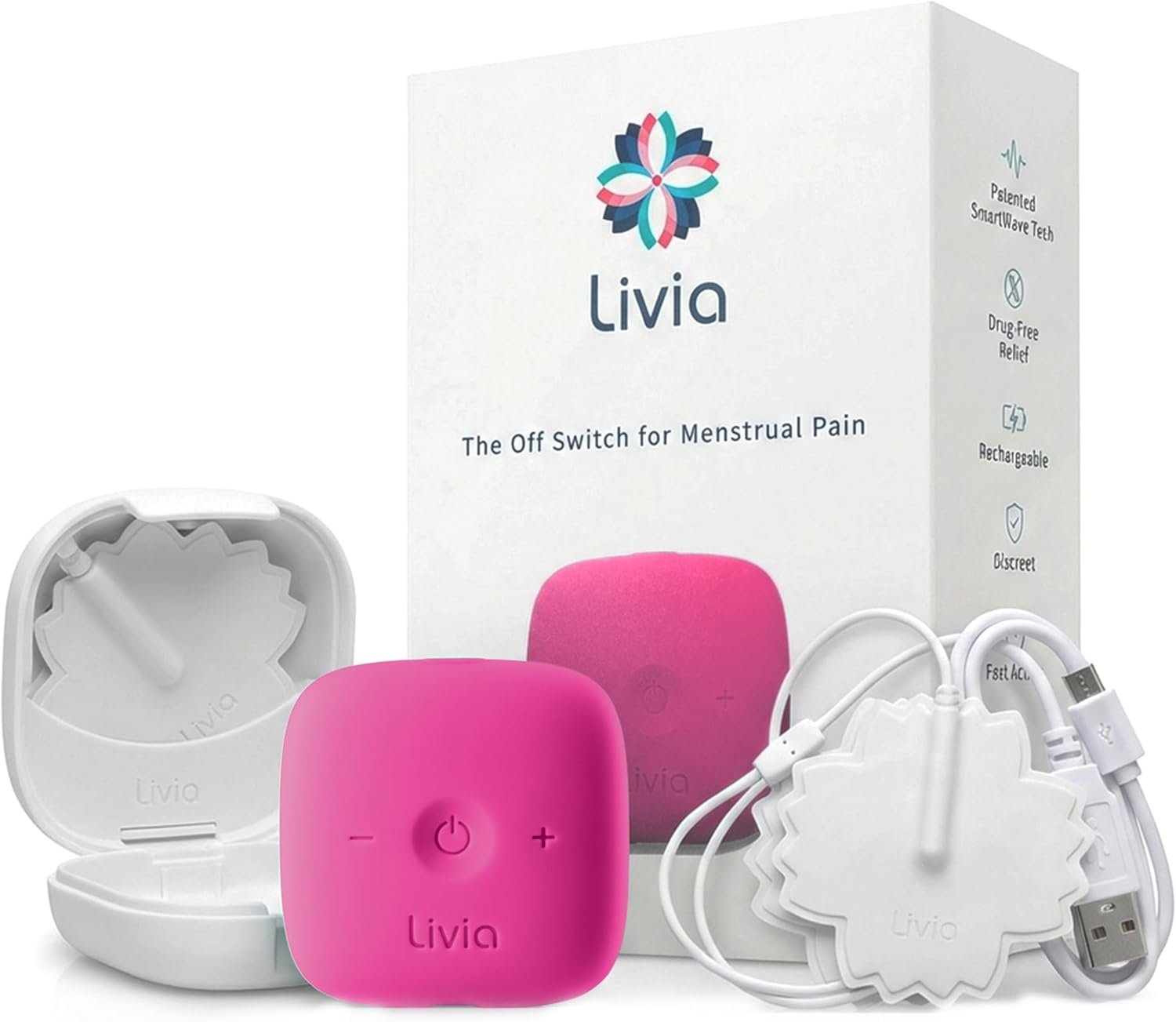 Livia Menstrual Pain Relief Device, Pink – Off-Switch for Period Pain – Portable & Discreet – Rechargeable, Up to 8 Hours Battery – Complete Kit with Stick-On Pads – The Go-to Travel Partner