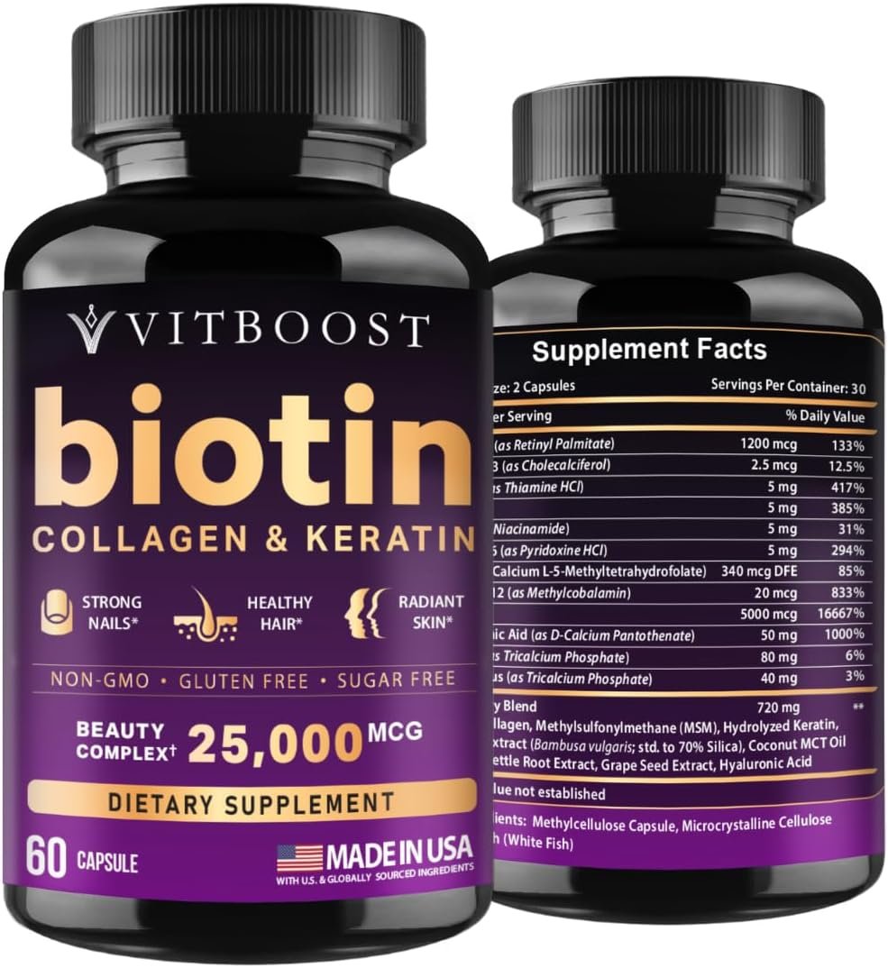 VITBOOST Biotin with Hyaluronic Acid, Collagen and Keratin – 25000 mcg Hair Growth Vitamins for Men and Women – Nails and Skin, USA Made – Third Party Tested, B1, B2, B3, B6, B7 Complex – 60 Capsules