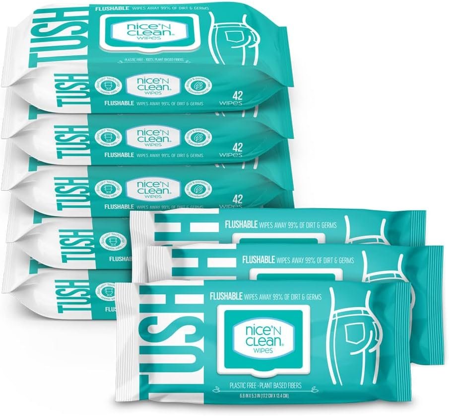 Nice ‘N Clean Adult Flushable Wipes (8 x 42 Count) | Personal Cleansing Wipes Made from Plant-Based Fibers | Infused with Aloe & Vitamin E