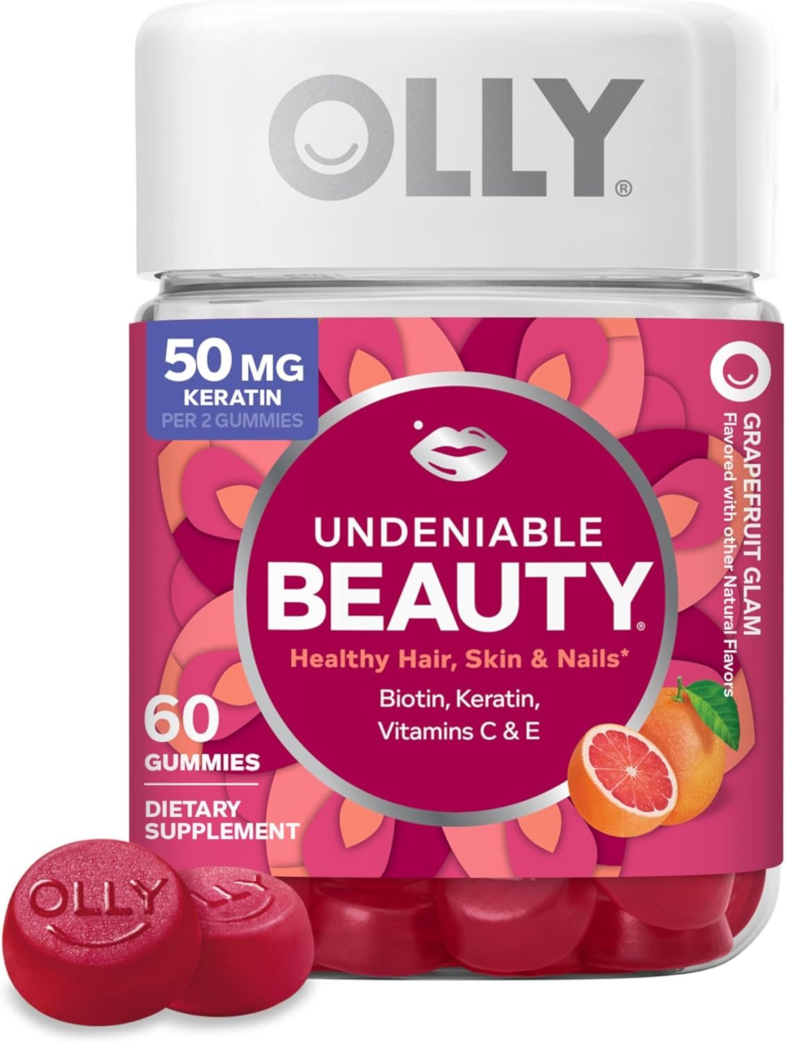 OLLY Undeniable Beauty Gummy, For Hair, Skin, Nails, Biotin, Vitamin C, Keratin, Chewable Supplement, Grapefruit, 30 Day Supply – 60 Count