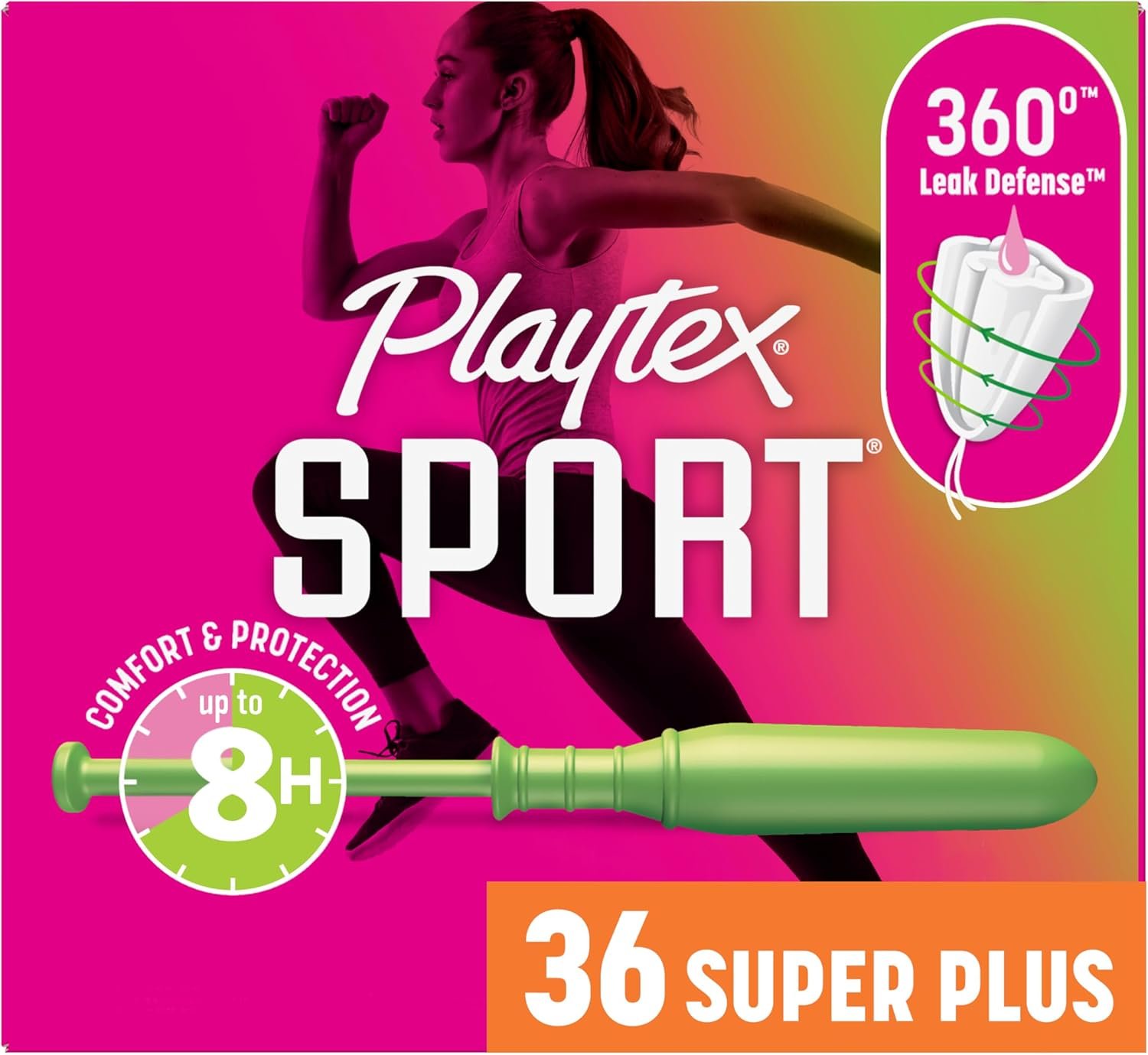 Playtex Sport Tampons Super Plus Absorbency, Fragrance-Free – 36ct | Super Plus Tampons for Women, Feminine Care, Playtex Tampon with 360 Leak Defense