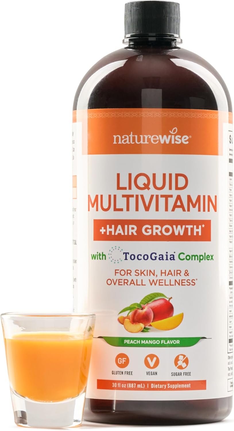 NatureWise Liquid Multivitamin Hair Growth for Women & Men + Tocogaia® for Hair Growth & Skin Elasticity Support + Biotin, Vitamin D, E, B – Sugar Free Multivitamin, Vegan – 30 fl oz[30 Servings]