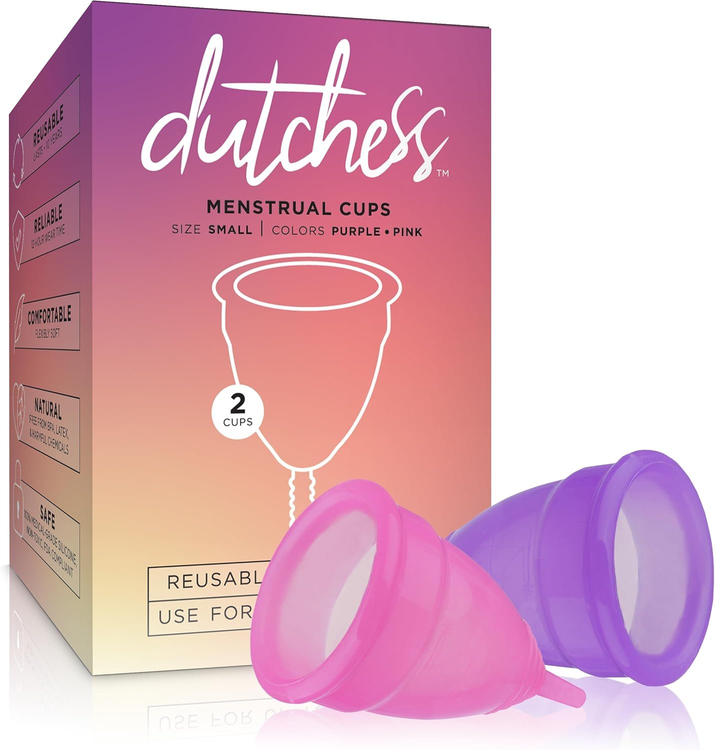 Dutchess Large Menstrual Period Cups for Women + Storage Pouch, Pack of 2 Pink & Purple Soft Medical-Grade Silicone Reusable Feminine Care Tampon & Pad Alternative, Easy to Clean – Camping, Sports
