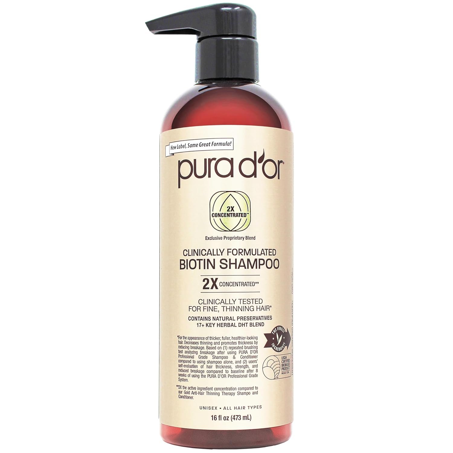 PURA D’OR 16 Oz Clinically Formulated Biotin Shampoo – Daily Hair Care Routine For Thinning Hair – 2X Concentrated 17+ Key Herbal Blend Hair Thickening Products For Women & Men