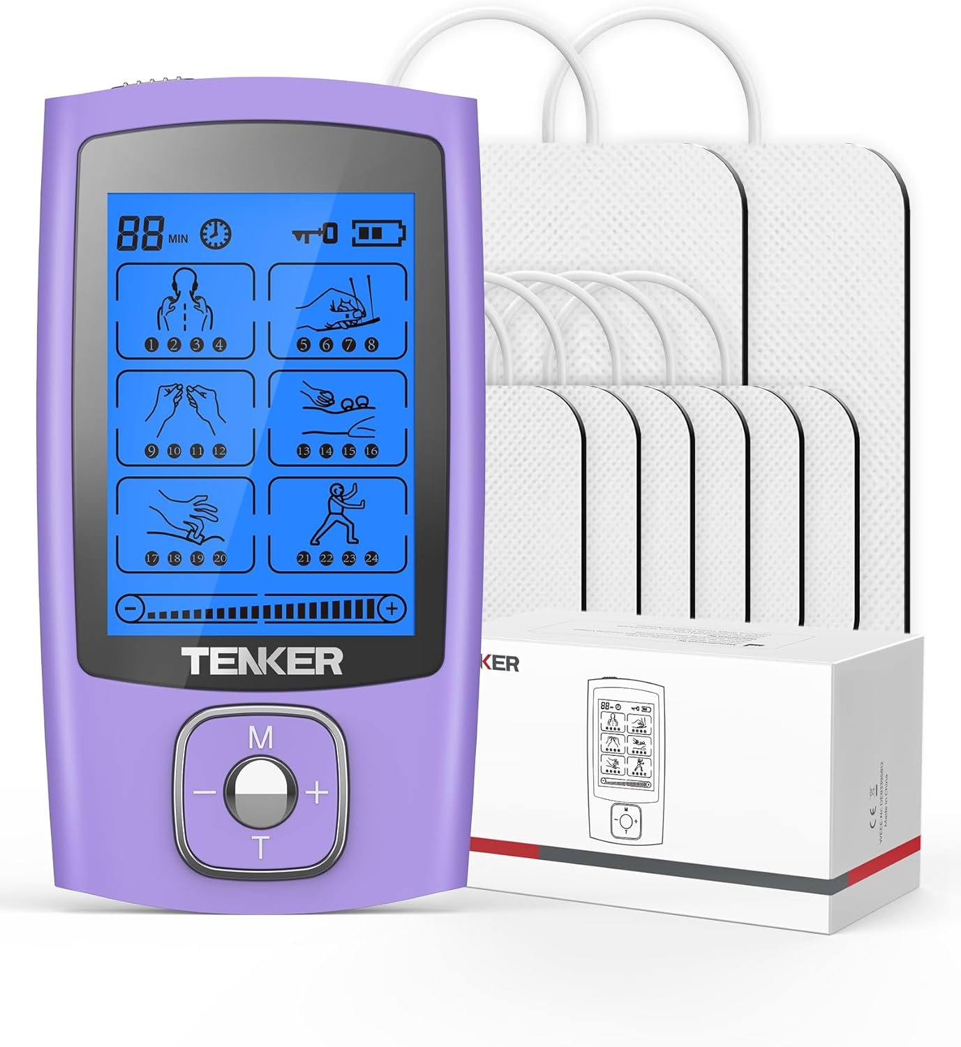 TENKER TENS Unit Muscle Stimulator, 24 Modes TENS EMS Machine for Shoulder, Sciatica, Back Pain Relief, Rechargeable Electronic Pulse Massager with 2″x2″ and 2″x4″ Electrode Pads