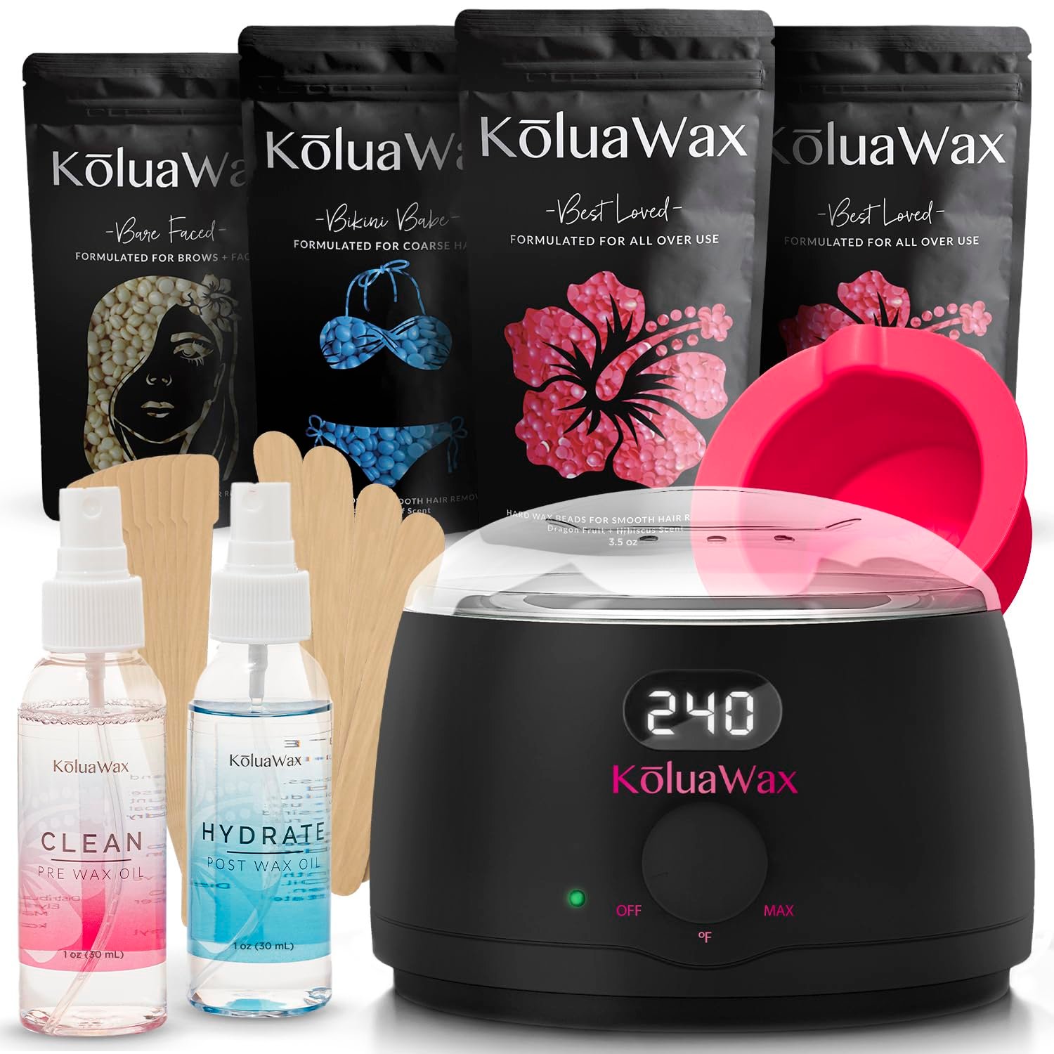 KoluaWax Premium Waxing Kit for Women – Beginner Friendly – Complete Wax Kit that includes 14oz of Wax Beads, Applicator, Pre and Post Care, Suitable for Sensitive Skin (Black)