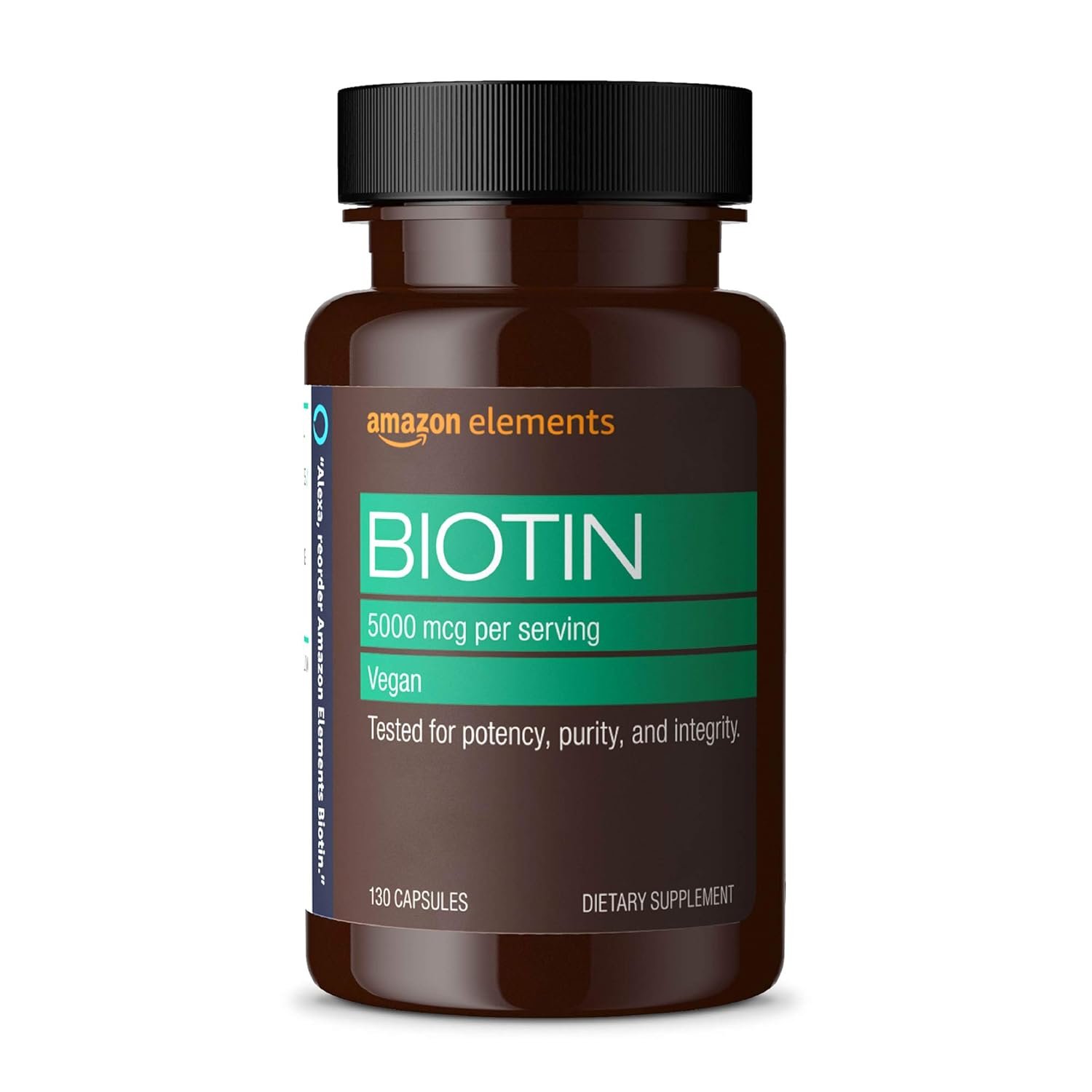 Amazon Elements Vegan Biotin 5000 mcg for Hair, Skin, and Nails, 130 Capsules, 4 Month Supply (Packaging may vary)