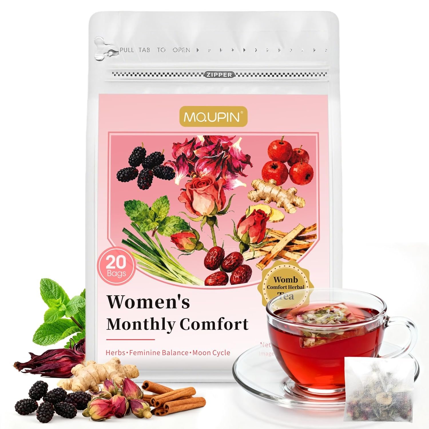 Herbal Tea for Women’s Cycle Comfort – Caffeine-Free Cycle Support with Hibiscus, Ginger & Rose for Natural Soothes, 20 Tea Bags