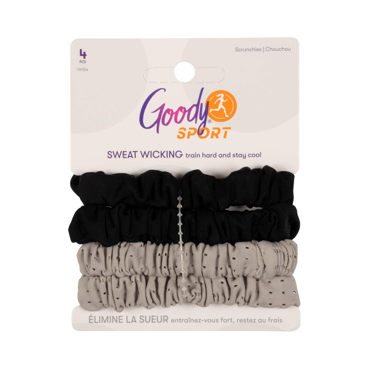 Goody Sport Ouchless Thin Scrunchies – 4 Ct, Gray & Black, Sport-Level Grip for Workouts, Sweat-Wicking, No Damage Hair Ties, All Hair Types