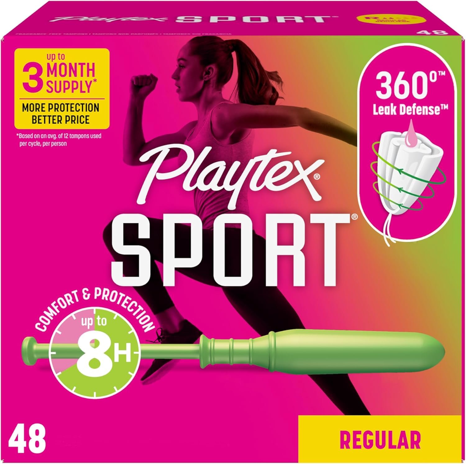 Playtex Sport Tampons Regular Absorbency, Fragrance-Free – 48ct | Regular Tampons for Women, Feminine Care, Playtex Tampon with 360 Leak Defense