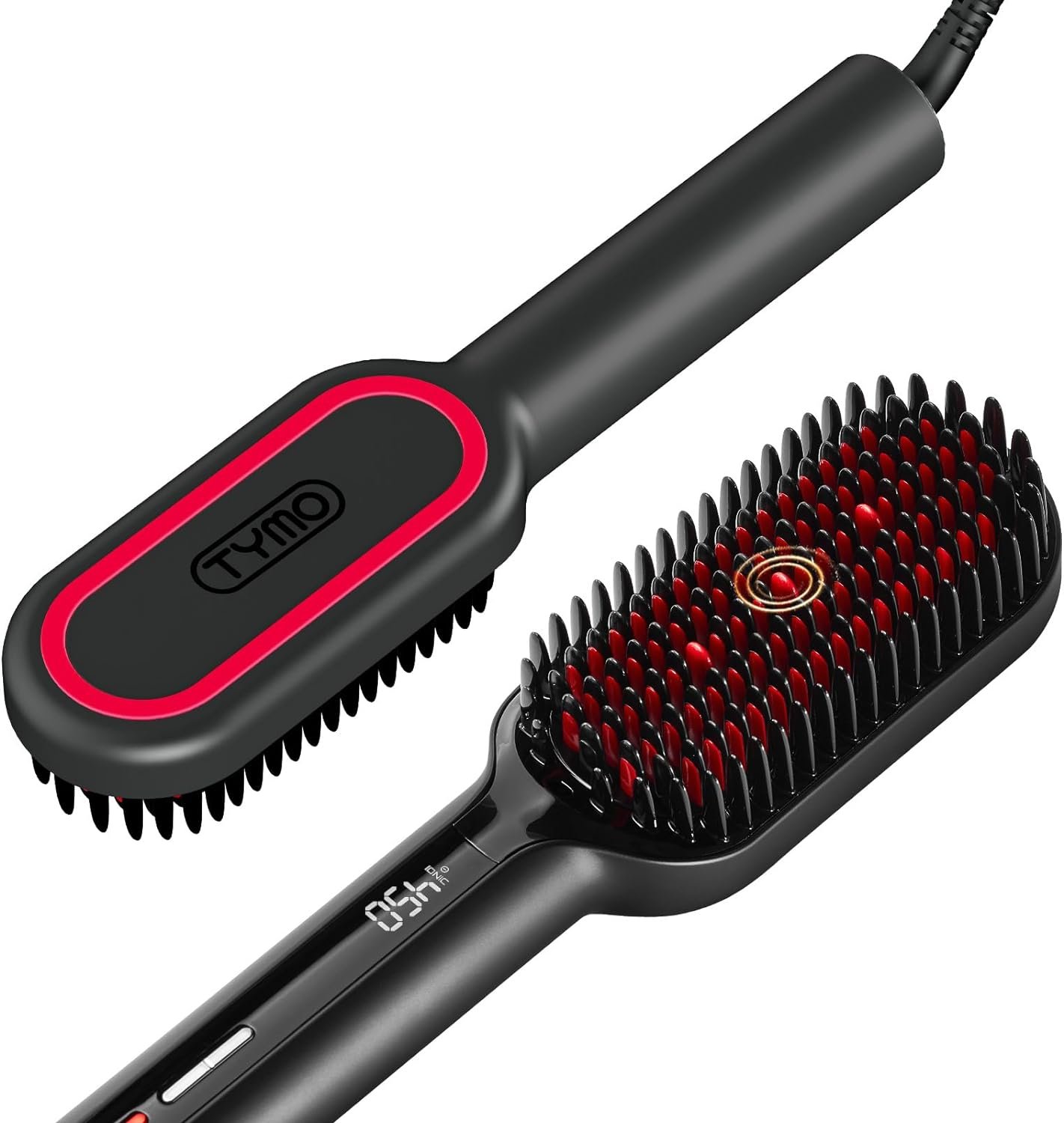 TYMO Hair Straightener Brush – Upgraded Ionic Plus Straightening Brush with Dense Bristles, 16 Temps, Dual Voltage | Ceramic Hot Comb for Women | Flat Iron for Thick Curly Hair, Black