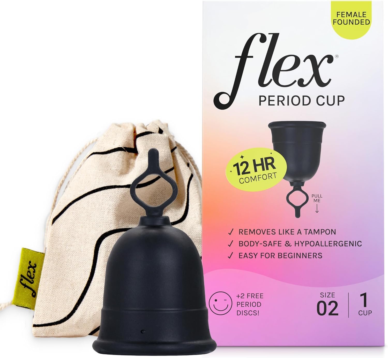 Flex Cup Starter Kit (Full Fit – Size 02) | Reusable Menstrual Cup + 2 Free Menstrual Discs | Pull-Tab for Easy Removal | Tampon + Pad Alternative | Lasts up to 10 Years | Capacity of 3 Super Tampons