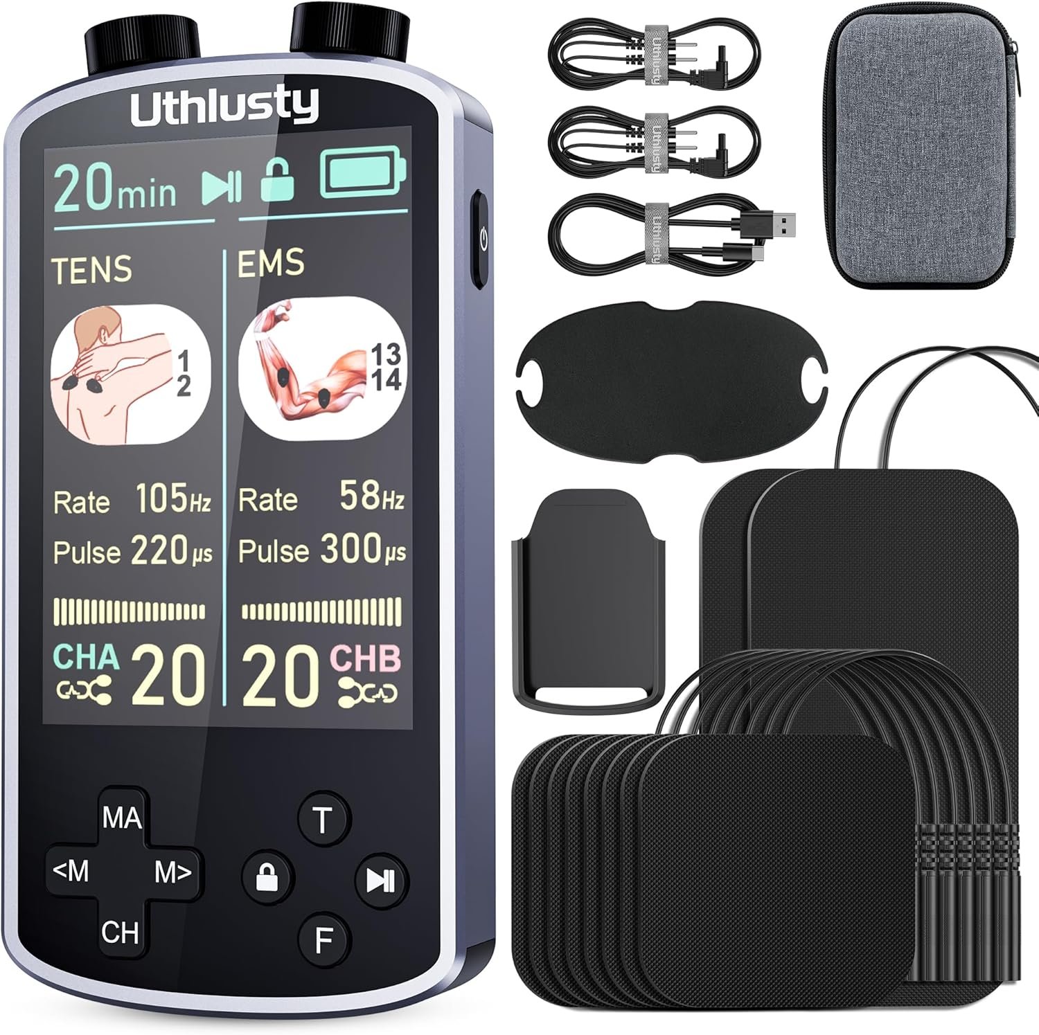 TENS Unit Muscle Stimulator with Color Display,Dual Channel TENS EMS Machine with Customizable Frequency&Pulse Width,36 Modes,20 Intensity Levels,Rechargeable Pain Relief Device–Black(Button Layout B)