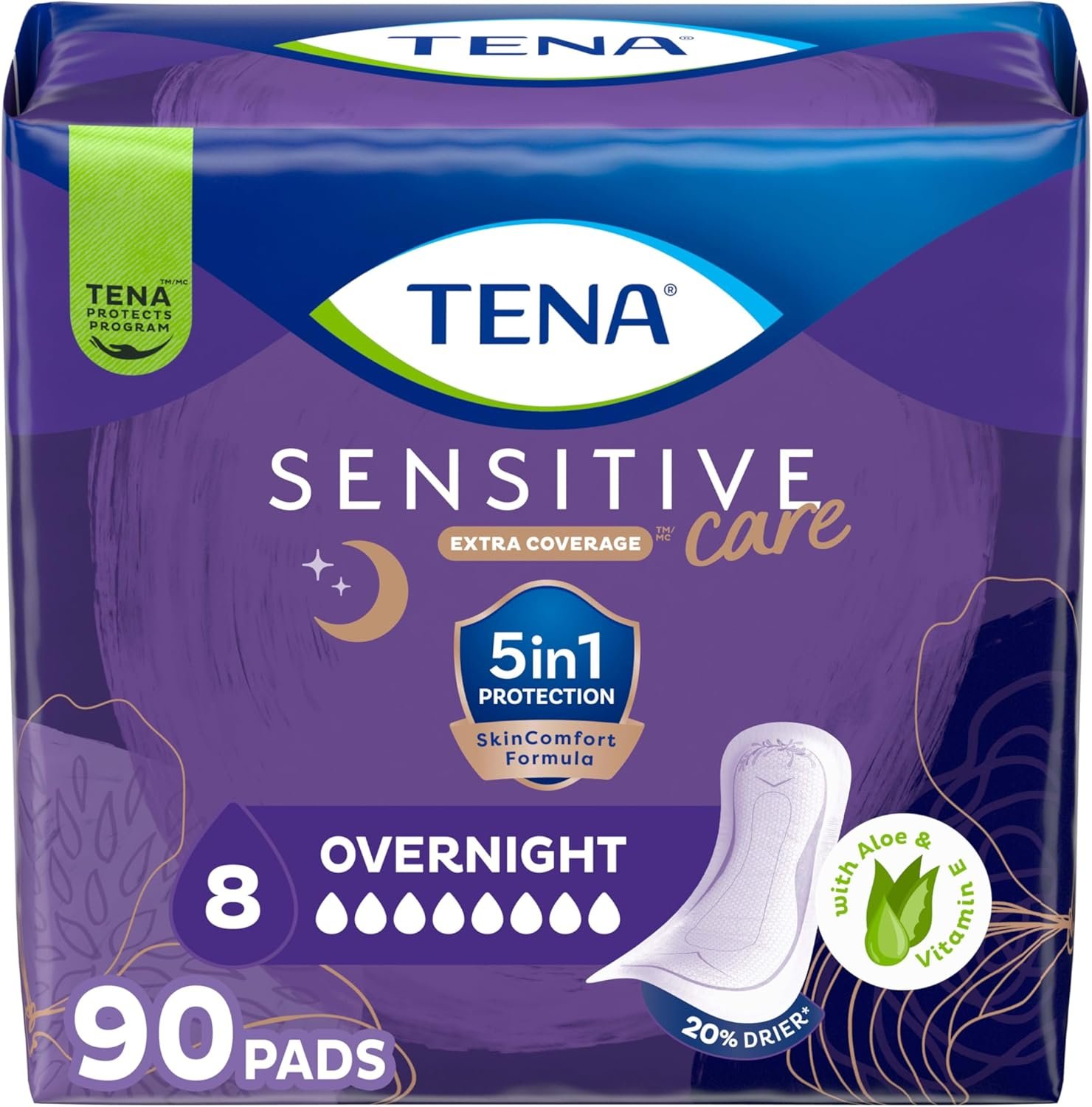 TENA Sensitive Care Incontinence Pads, Bladder Control & Postpartum for Women, Overnight Absorbency, Extra Coverage – 90 Count