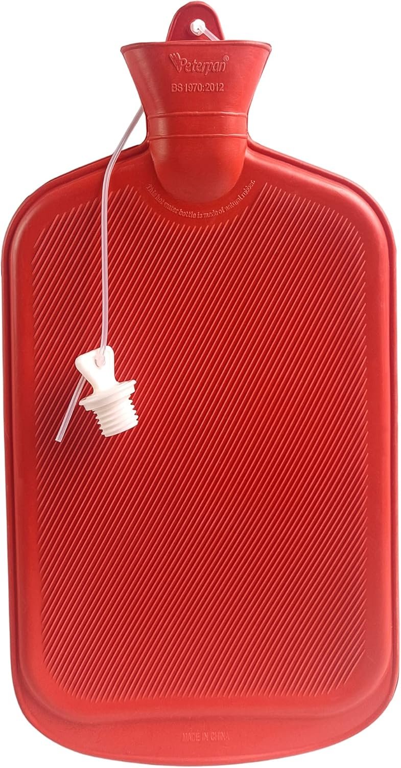 Peterpan Oversized Rubber Hot Water Bottle with Fleece Cover and Silicone Lanyard, XXX-Large, BPA & PVC Free, 3-Liter Capacity, for Pain Relief and Warmth, Red