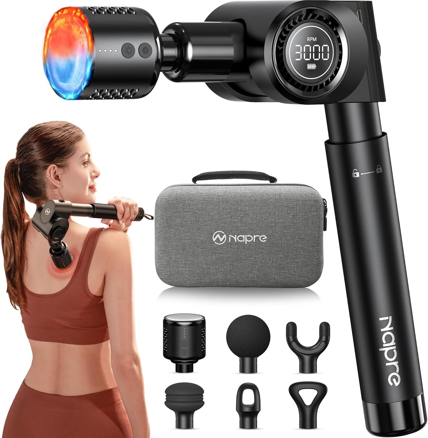 NAPRE Massage Gun with Heat and Cold Head,Deep Tissue Percussion Back Massager for Muscle/Neck/Body Pain Relief with Long Extension Retractable Handle,32-Speeds,Foldable with 5 Adjustable Angles