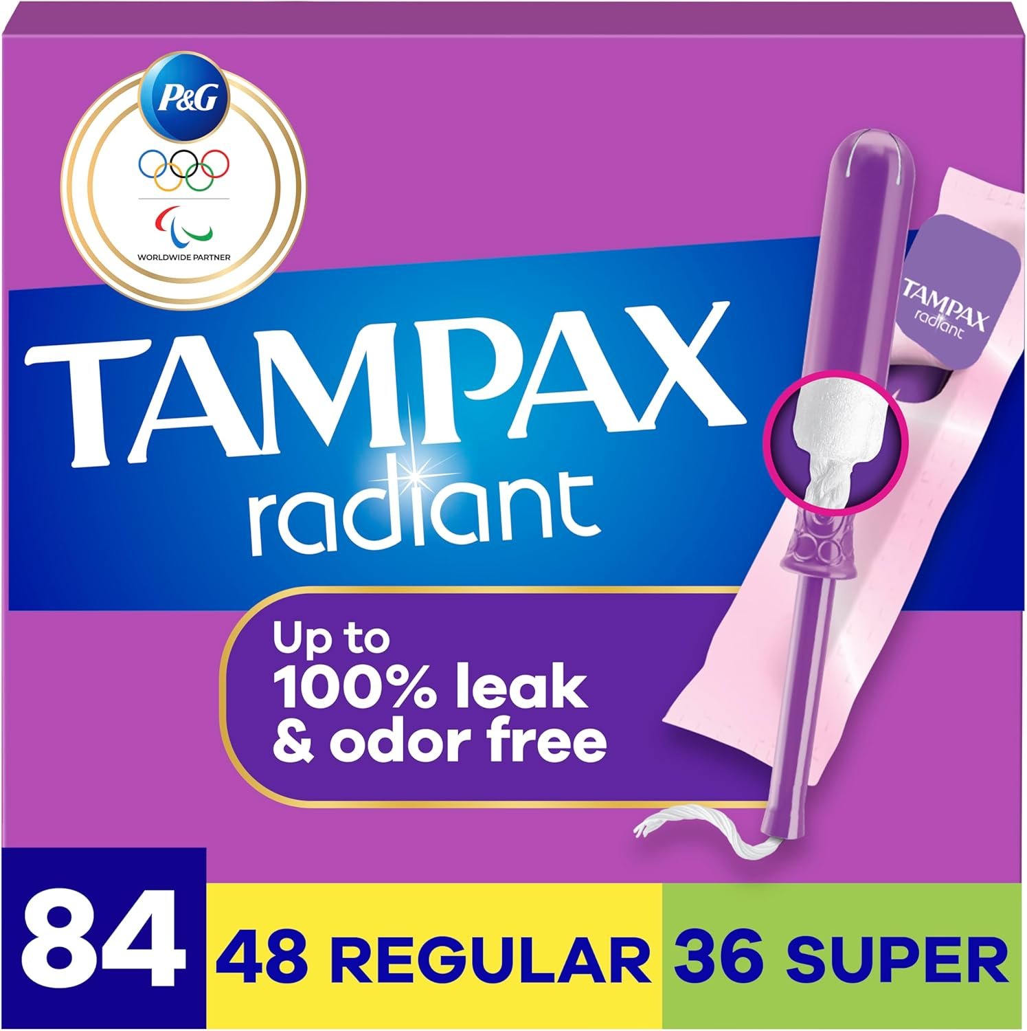 Tampax Radiant Tampons for Women Multipack, with LeakGuard Braid, Regular/Super Absorbency, Unscented, 84 Count (3 Packs of 28)