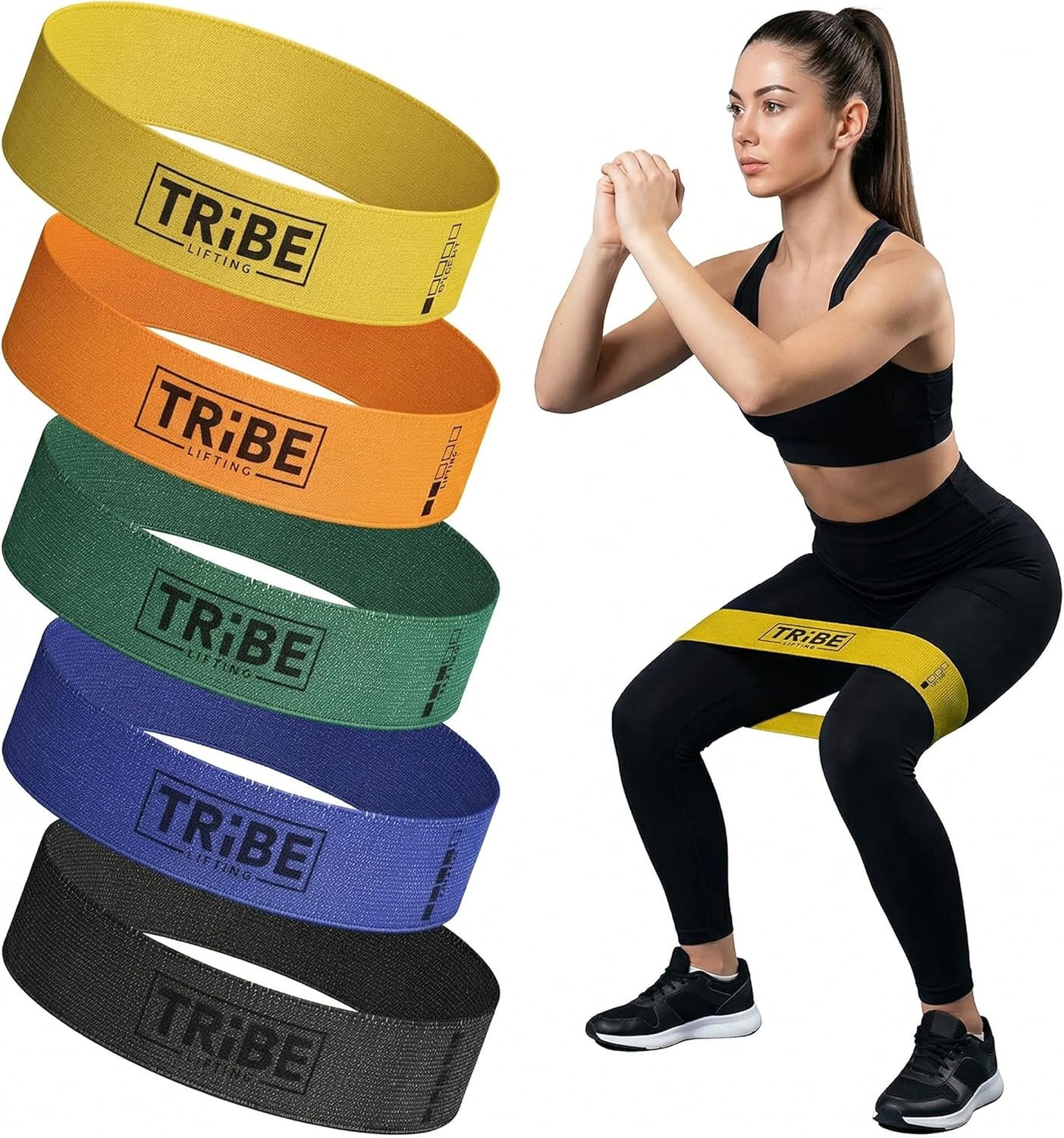 Tribe Lifting Fabric Resistance Bands for Working Out – 5 Exercise Bands Set for Legs and Glutes – Booty Bands for Women and Men – Thick Cloth Workout Bands for Physical Therapy, Hip Training