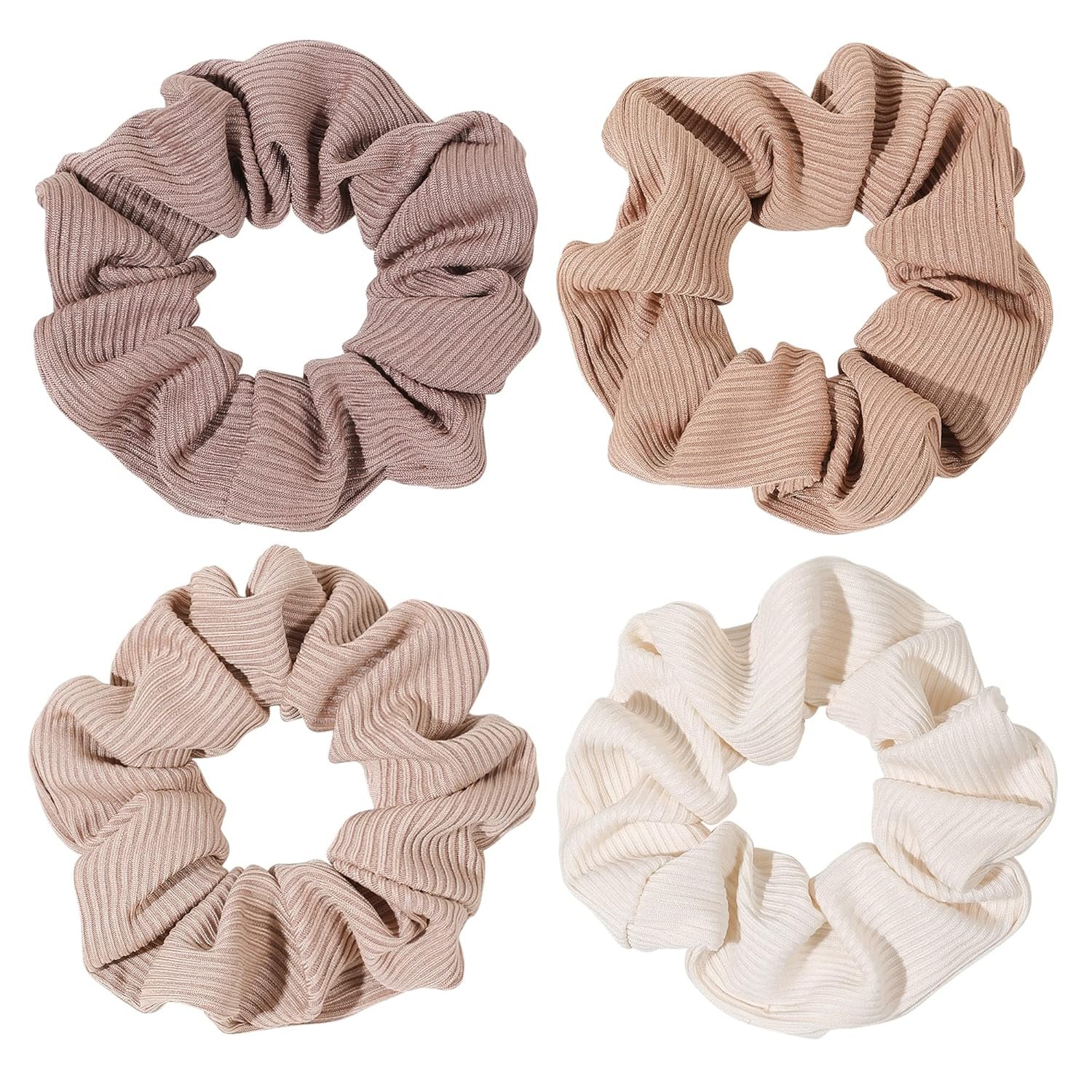Ivyu Scrunchie, Big Cotton Scrunchies for Women’s and Girls, Brown Service, 4 Count, for All Hair Types, No Crease or Damage