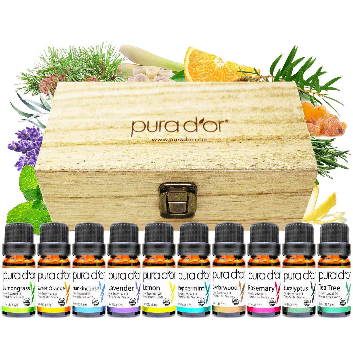 PURA D’OR Organic Perfect10 Essential Oils Set – 10x 10mL Wood Box Aromatherapy Gift Set – 100% Pure Therapeutic Grade for Relaxation and Wellness (Lavender, Peppermint, Eucalyptus, Tea Tree & More)