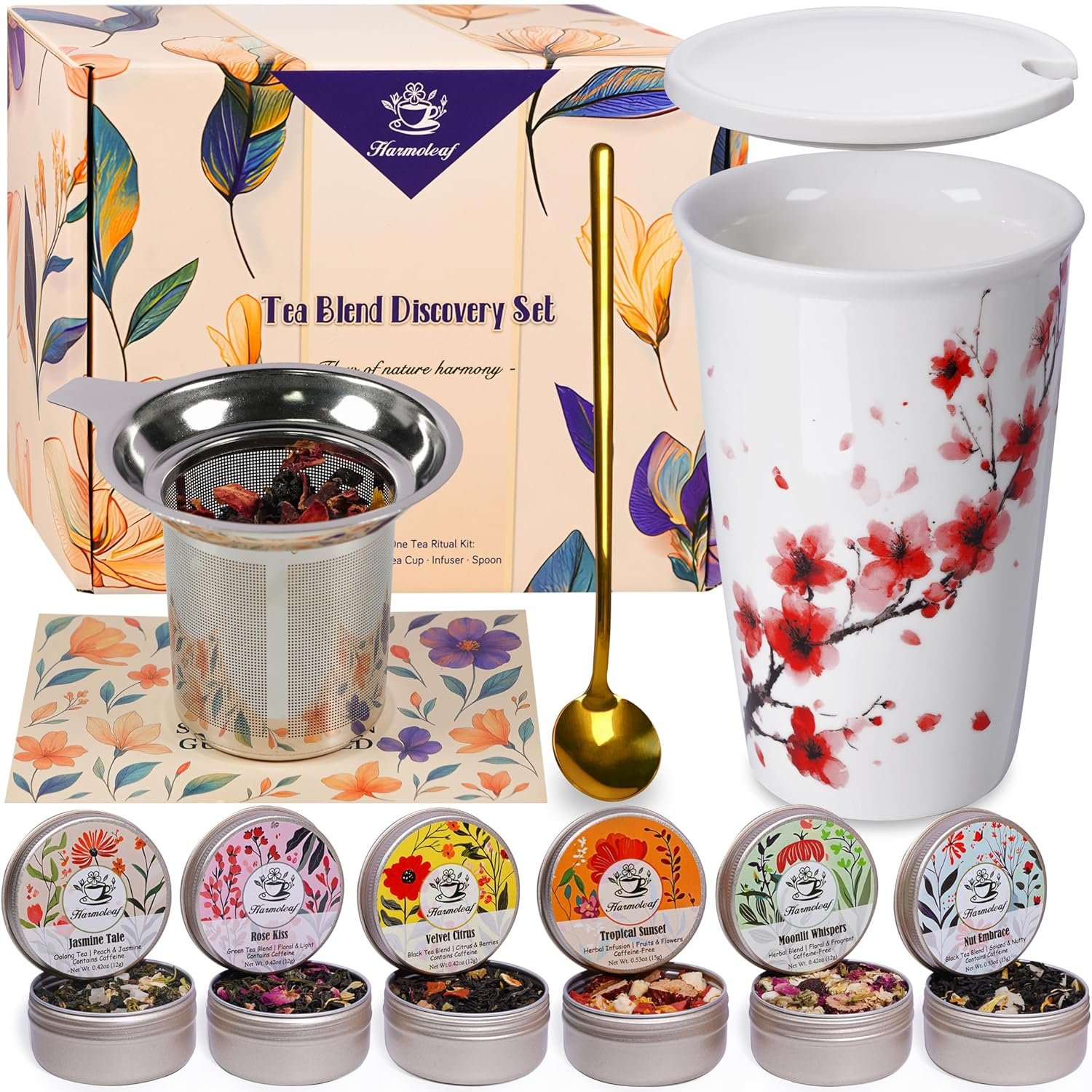 Harmoleaf Tea Gift Set for Women – 6 Herbal Loose Leaf Tea Blends, Insulated Ceramic Cup with Infuser & Lid | Birthday, Mother’s Day, Anniversary & Retirement Gift for Her