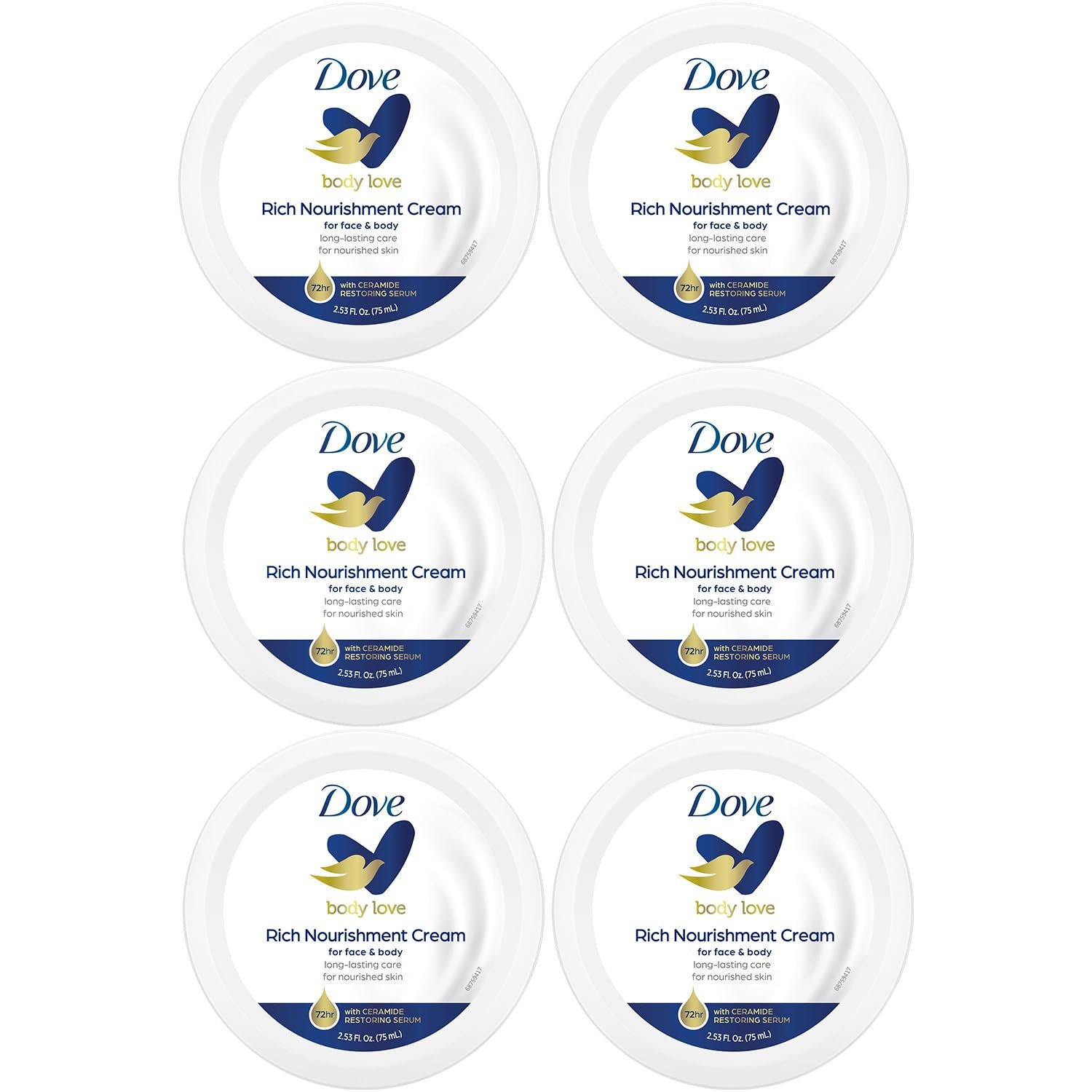 Dove Body Love Rich Nourishment Cream, Face, Hand and Skin Lotion for Extremely Dry Skin, Fast-Absorbing 72-Hour Moisturizing Formula with Ceramide Serum, Travel Size, 2.53 OZ (Pack of 6)