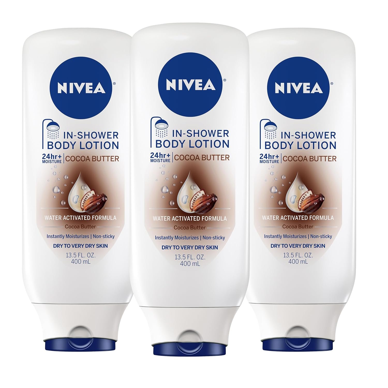 NIVEA Cocoa Butter In Shower Lotion, Water Activated In Shower Moisturizer for Dry Skin to Very Dry Skin, 13.5 FL OZ, Pack of 3