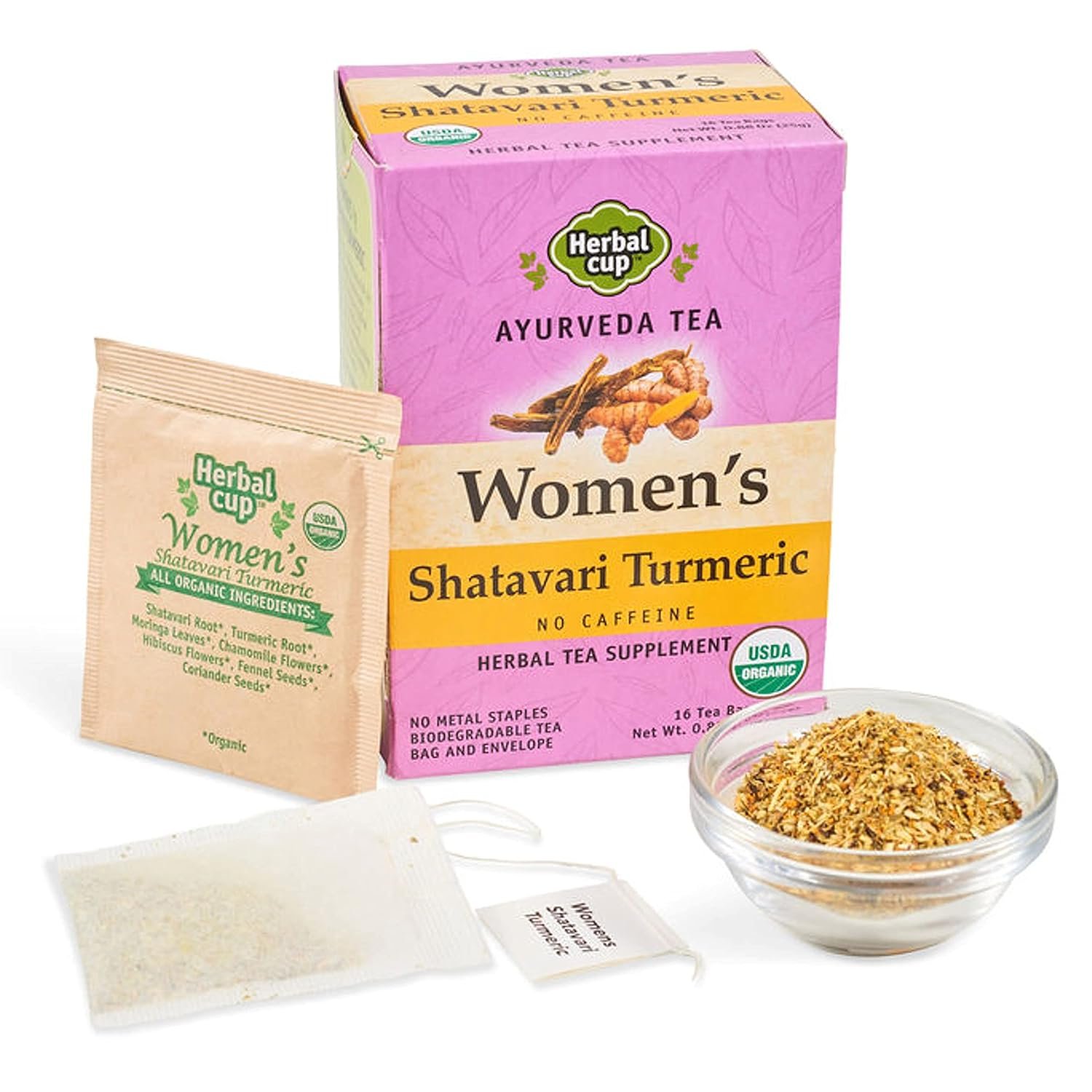 Herbal Cup Ayurveda Women’s Tea, Organic Shatavari Turmeric, No Caffeine Herbal Teas (Women’s Shatavari Turmeric, 16 Count (Pack of 1)