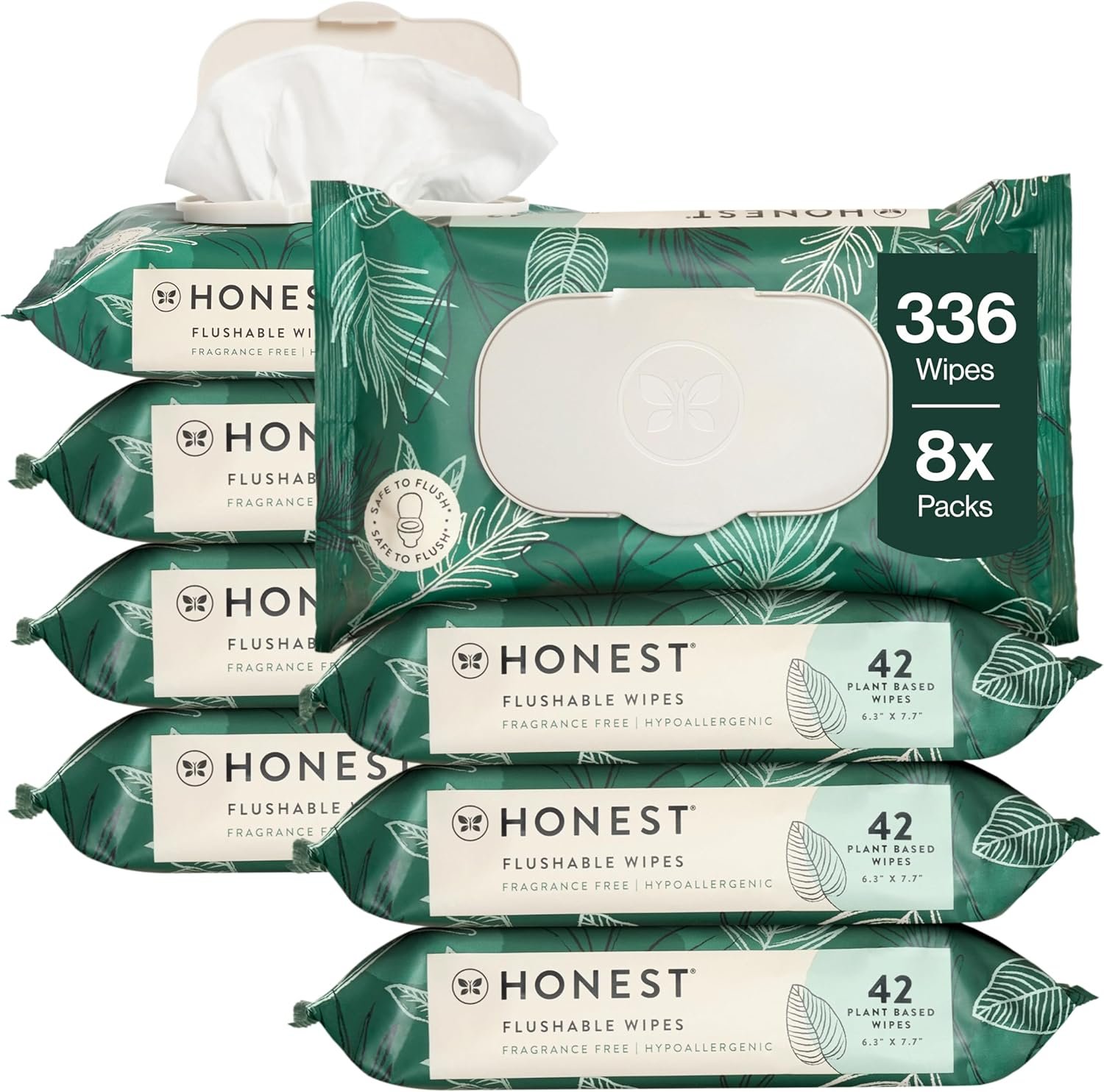 The Honest Company Flushable Wipes for Sensitive Skin, Hypoallergenic, Fragrance-Free, Tropical Leaves Design, 336 Count (4 Packs of 84)