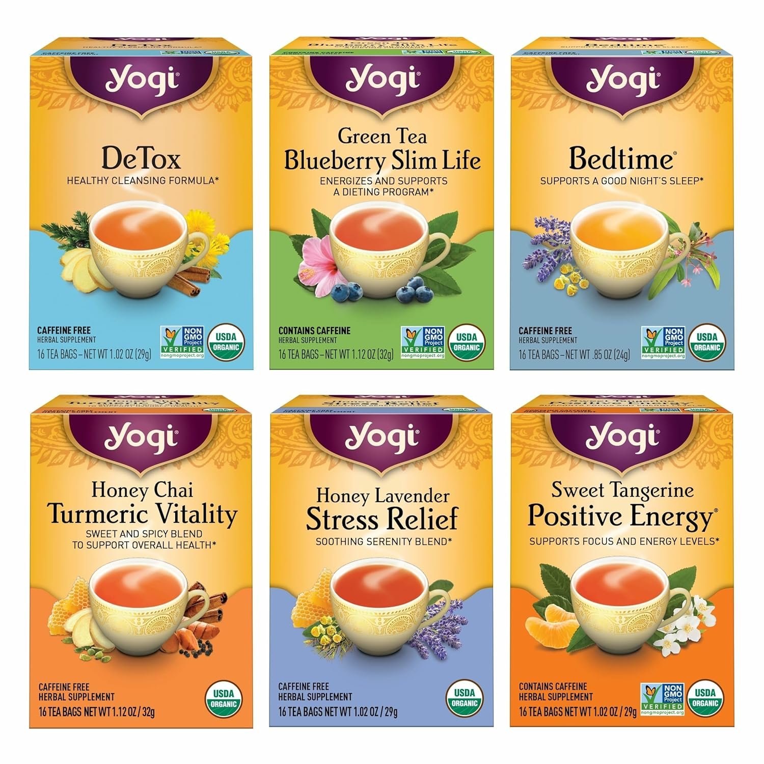 Yogi Tea Favorites Variety Pack – 16 Bags per Pack (6 Packs) – Organic Gift Box – Includes Sweet Tangerine Positive Energy, Honey Lavender Stress Relief, Bedtime & More